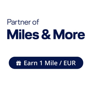 Image d'un logo indiquant "Partenaire de Miles & More" avec un bouton en dessous indiquant "Gagnez 1 Mile / EUR" accompagné d'une icône de cadeau.