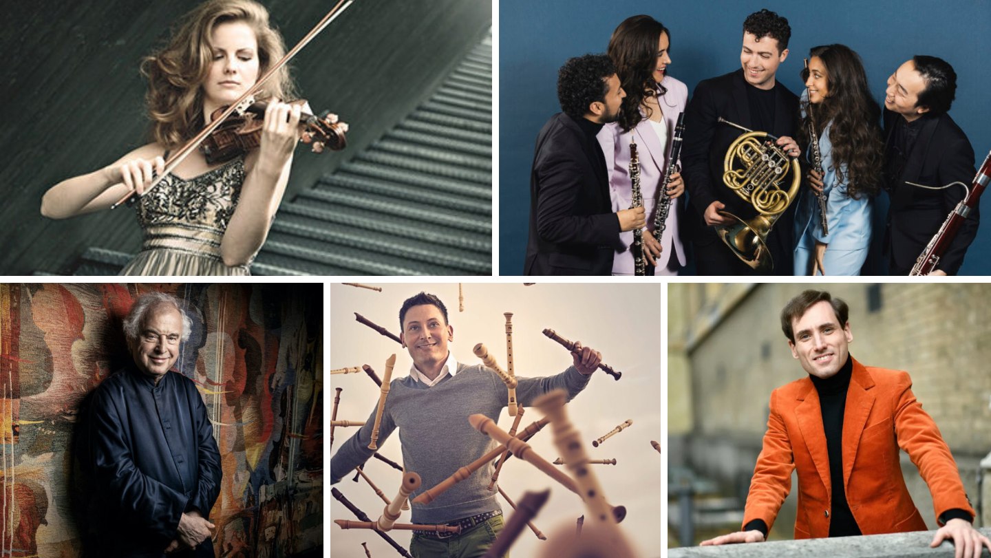 Collage di cinque musicisti che partecipano al Klosters Music Festival 2026