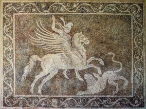 A mosaic at the Archeological Museum in Rhodes depicting a man riding a horse and a lion.