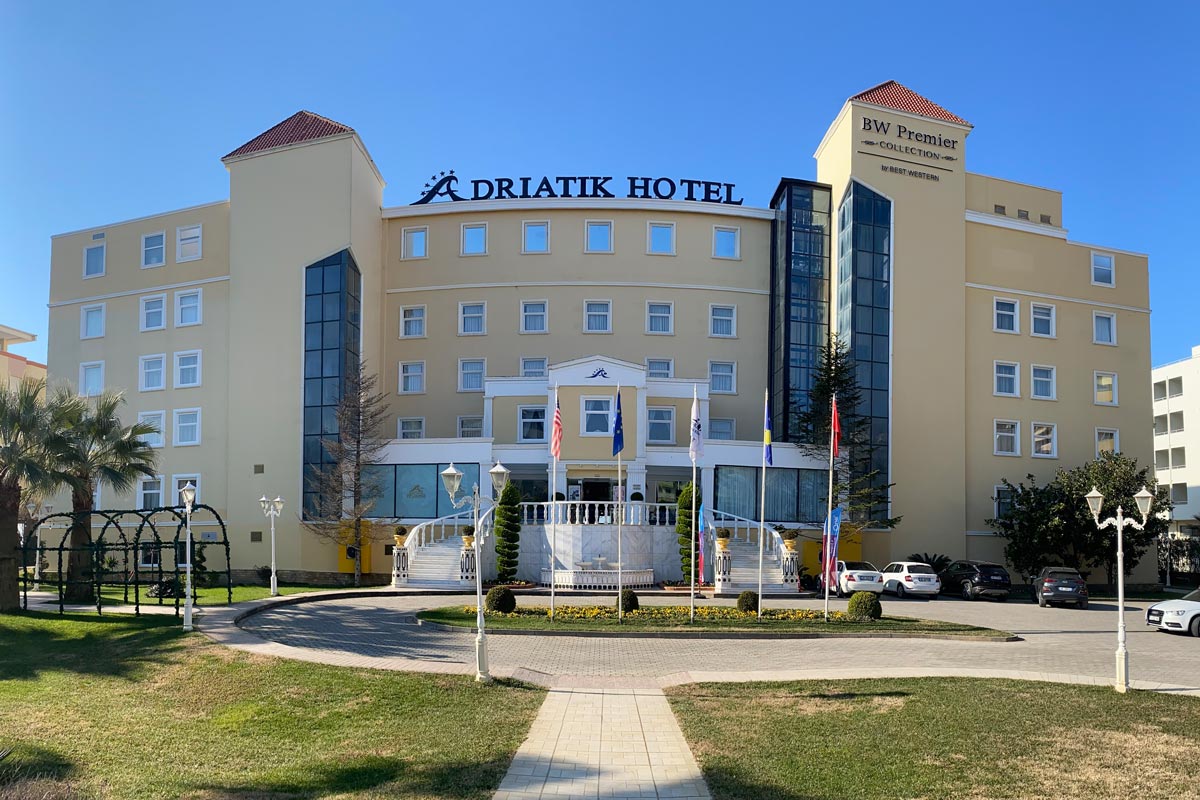 Entrance of the 5-star Adriatik Hotel in Durres, Albania.