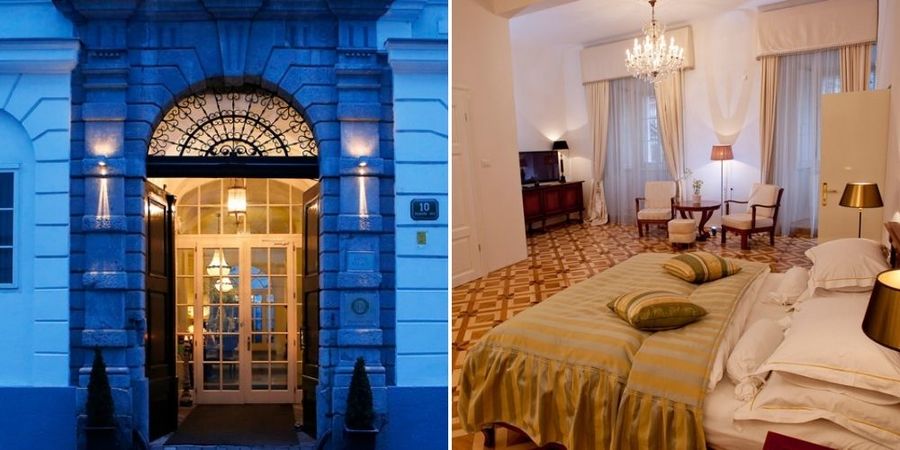 Stone arch entrance of a building at dusk and a classic styled hotel room interior, perfect for exploring things to do in Europe over Easter.