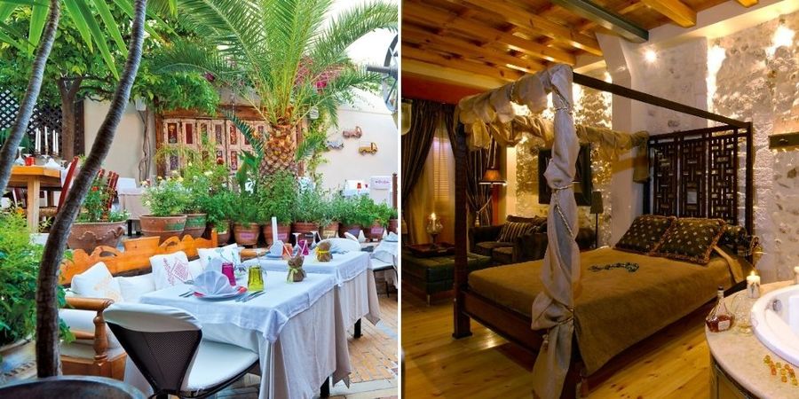 A split image showing a lush outdoor dining area on the left, perfect for exploring things to do in Europe over Easter, and a cozy bedroom with a canopy bed on the right.