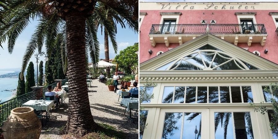 Outdoor dining under palm trees with a lake view and an architectural detail of a coral-colored building with decorative windows, offering things to do in Europe over Easter.