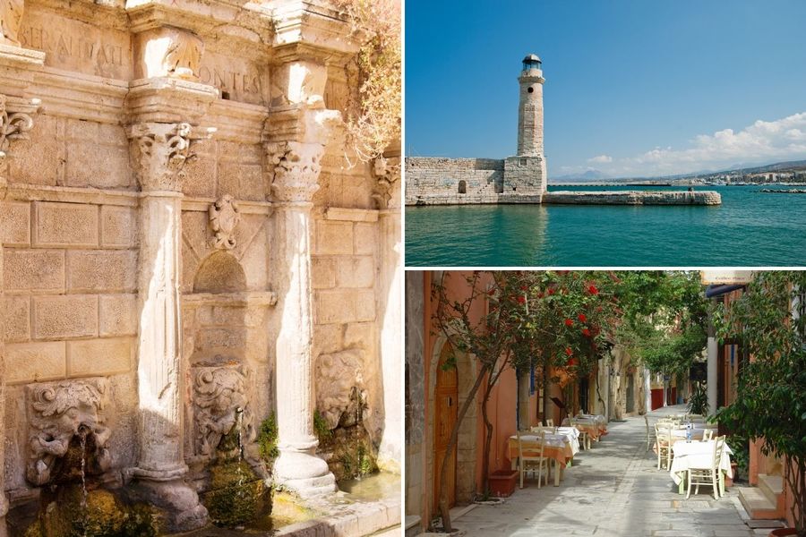 A collage showcasing things to do in Europe over Easter: historic ruins with intricate carings, a stone lighthouse by the sea, and a charming alley with outdoor dining.