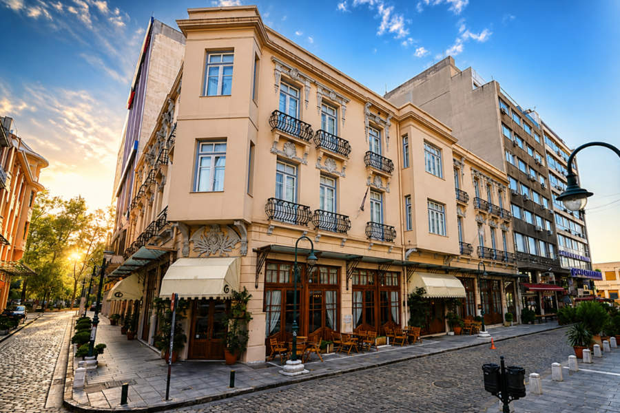 Europe’s Best-Kept Secrets: Lesser-Known Historic Hotel Escapes 6 A corner building with ornate balconies, home to a street-level café with outdoor seating on a cobblestone street under a clear blue sky, stands near the renowned Capsis Bristol Boutique Hotel, a 5 star hotel in Greece.