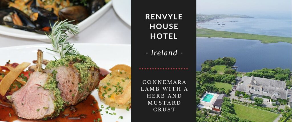 Promotional image featuring a gourmet dish from renvyle house hotel in ireland, with an aerial view of the locale.