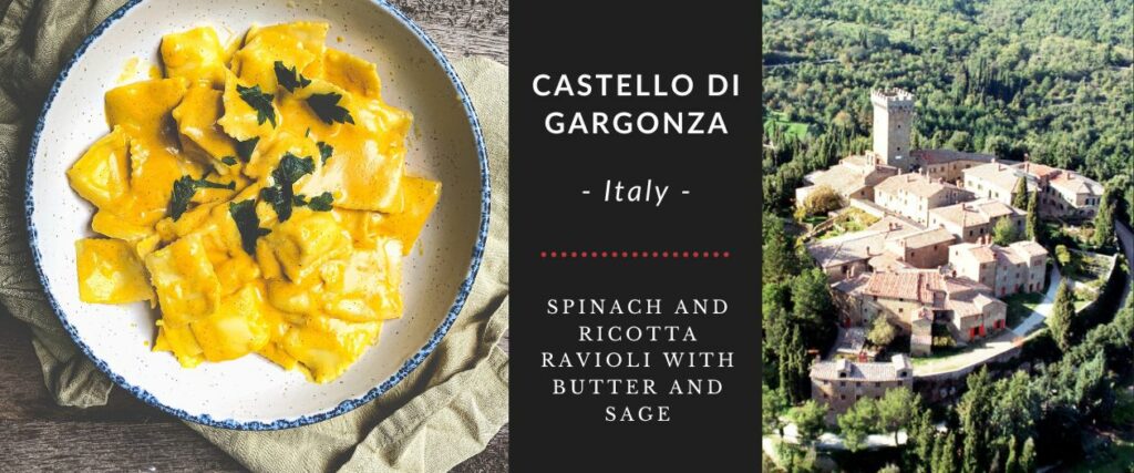 A plate of spinach and ricotta ravioli with butter and sage next to an aerial view of castello di gargonza in italy.