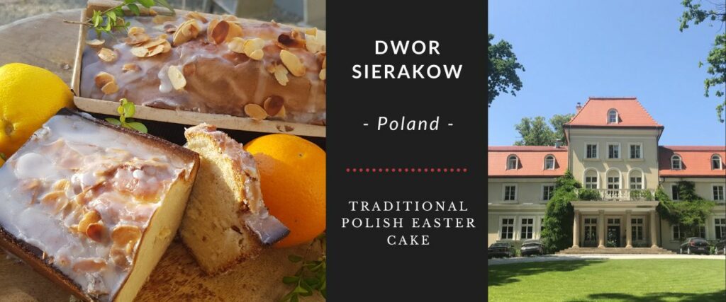 Sliced traditional polish easter cake with lemon and almonds in the foreground, and dwor sierakow manor in poland in the background.