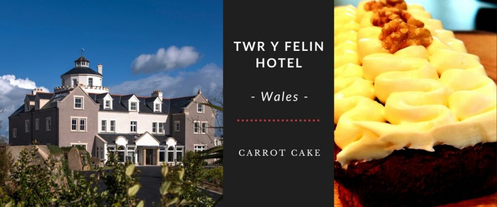 A hotel named twr y felin in wales featured alongside a slice of carrot cake.