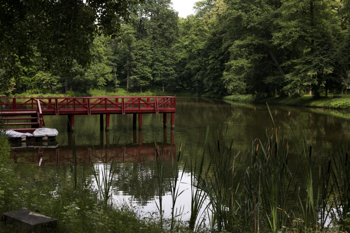 Un pontile di legno rosso si estende su un lago tranquillo e alberato. Una piccola barca è attraccata al molo. Il verde lussureggiante circonda l'acqua.