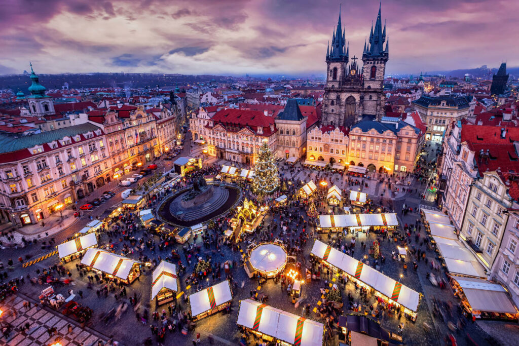 Aerial view of a bustling Christmas market in Prague