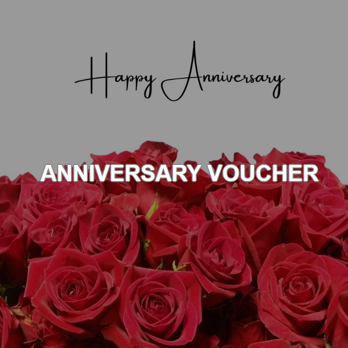 Un buono regalo ornato da rose rosse e dal testo "Happy Anniversary" elegantemente visualizzato su uno sfondo grigio.