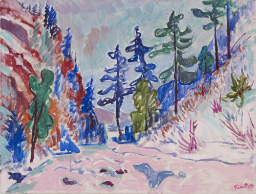 Capolavori in movimento: Le mostre d'arte da non perdere in Europa quest'estate 9 Un dipinto colorato e impressionista raffigura un paesaggio innevato con pini e colline dalle vibranti tonalità di blu, viola, verde e rosso.