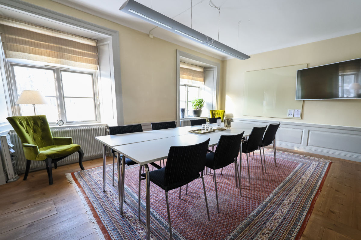 Una sala conferenze con un tavolo rettangolare, sei sedie nere, una poltrona verde, un televisore a parete, grandi finestre e un tappeto a fantasia su un pavimento di legno.