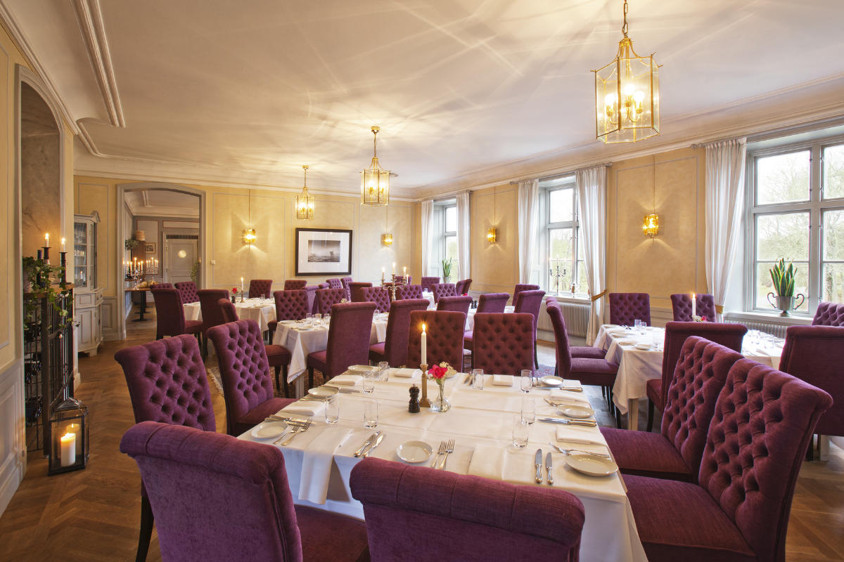 Una sala da pranzo con più tavoli apparecchiati per un pasto, con sedie imbottite di colore viola, tovaglie bianche, ampie finestre e luci pendenti in stile lanterna.