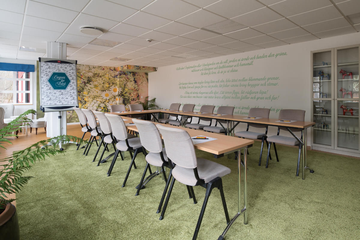 La moderna sala conferenze della Skytteholm Nordic Spa è dotata di due file di tavoli e sedie, uno schermo per le presentazioni, un tappeto verde, opere d'arte alle pareti e una vetrinetta.
