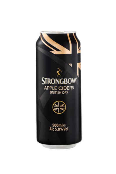 Lattina da 500 ml di Strongbow Apple Ciders British Dry, caratterizzata da un design nero con accenti dorati e un motivo Union Jack, con una gradazione alcolica di 5,0%.