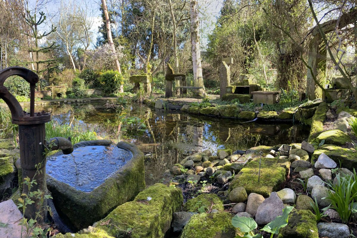 Una fuente de piedra cubierta de musgo se encuentra junto a un estanque rodeado de rocas, plantas y árboles en un exuberante jardín natural.