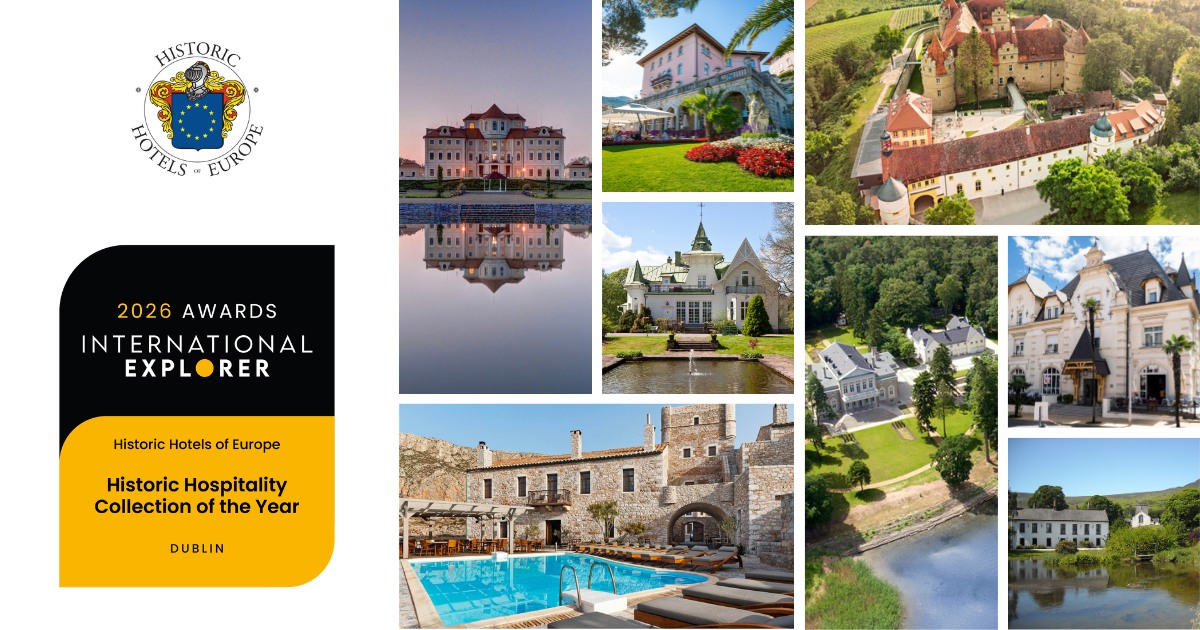 Collage di hotel storici in Europa, tra cui castelli, manieri e tenute; distintivo di riconoscimento per la “Collezione di ospitalità storica dell’anno 2026” assegnato da Historic Hotels of Europe.