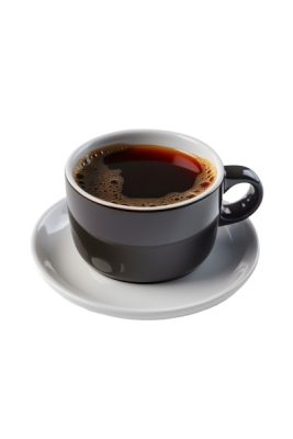 Eine schwarze Keramiktasse, gefüllt mit schwarzem Kaffee, steht auf einer weißen Untertasse vor einem weißen Hintergrund.