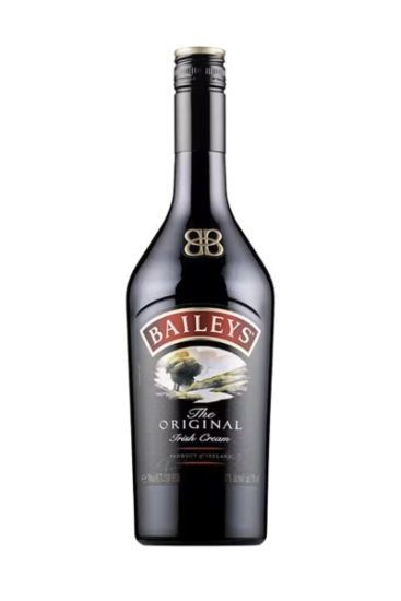 Bottiglia di Baileys Original Irish Cream con etichetta nera e marchio della firma, con accenti dorati e rossi.
