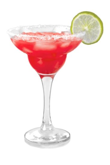 Ein roter Cocktail in einem Margarita-Glas mit Salzrand, garniert mit einer Limettenscheibe.